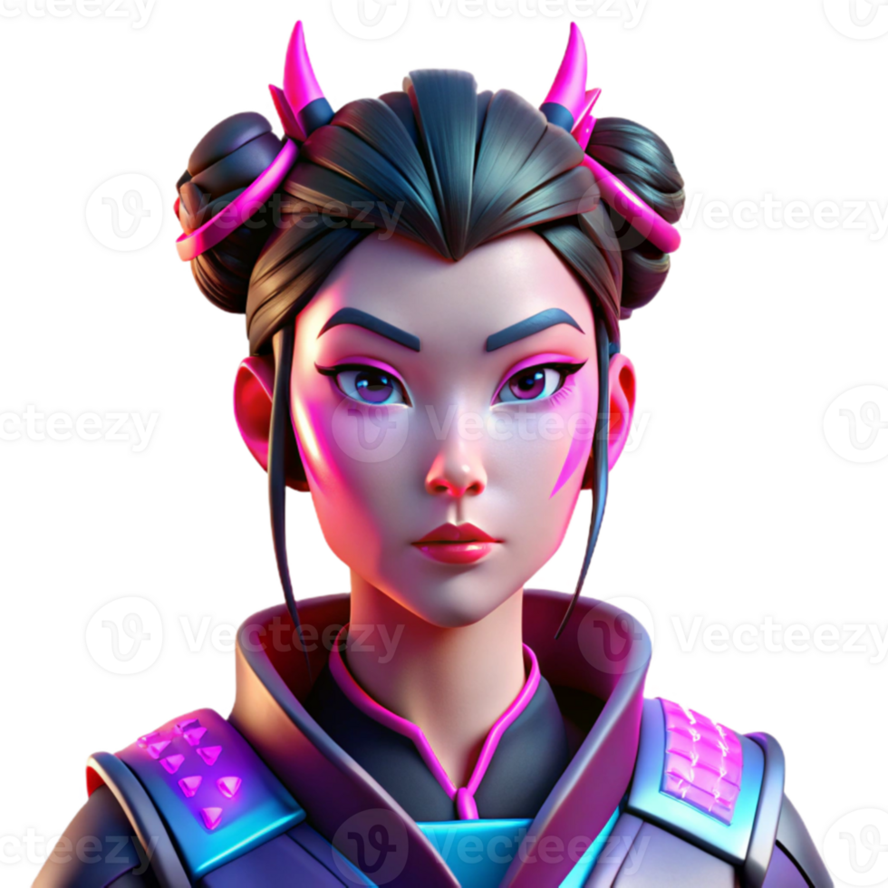 wonderful abstract Portrait of a cyberpunk geisha with vibrant pink and blue neon reflections on her face, intricate robotic accessories, and a melancholic expression, sharp focus, cinematic... png