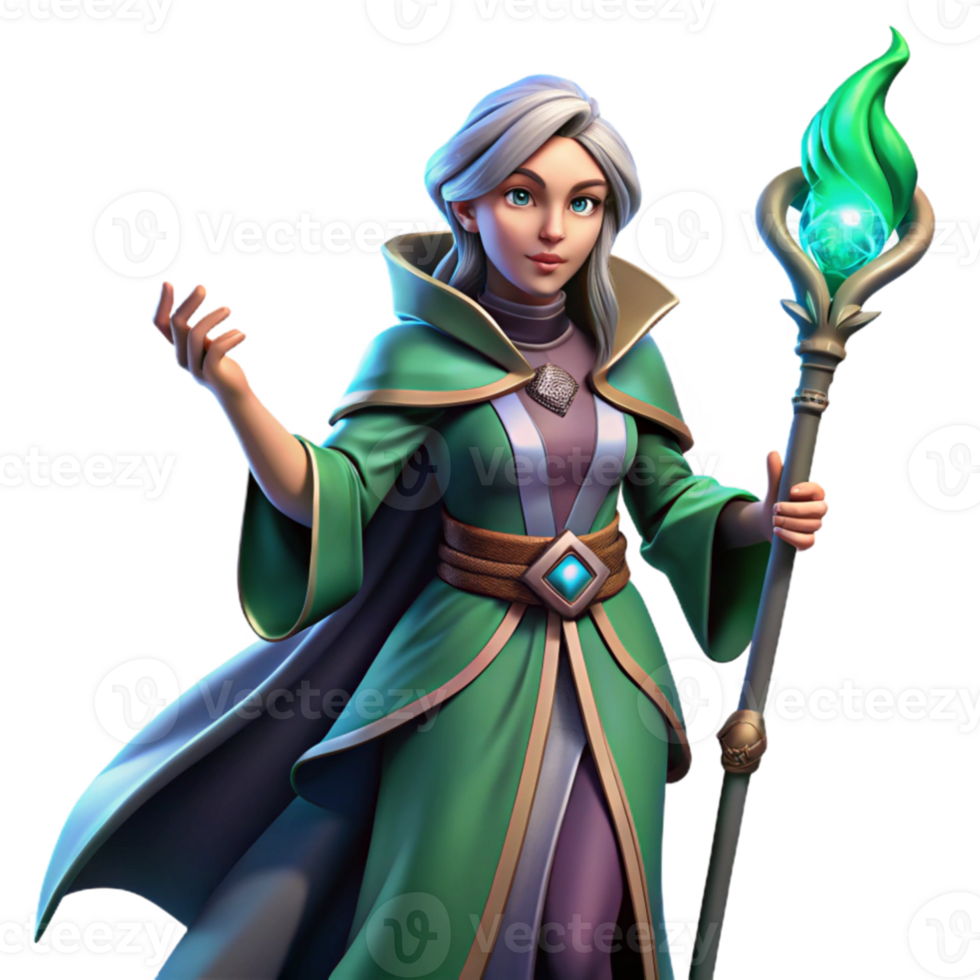 elegant creative Portrait of a powerful sorceress with flowing robes, a staff emitting magical energy, and a determined expression, dynamic lighting, digital painting style professional png