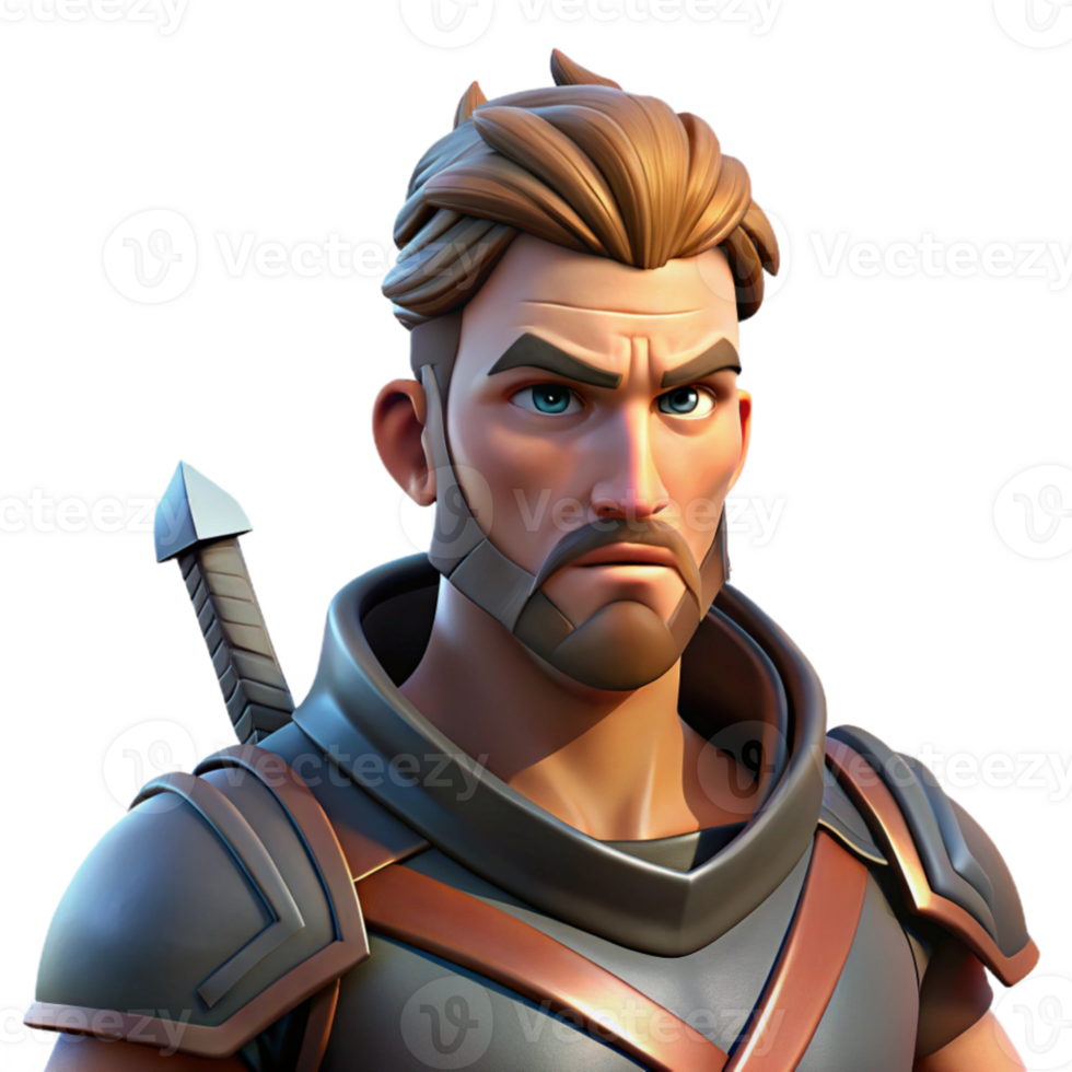 impressive creative Portrait of a stoic warrior with battle scars, a stern expression, and a gleaming sword, dramatic lighting, realistic style genuine png