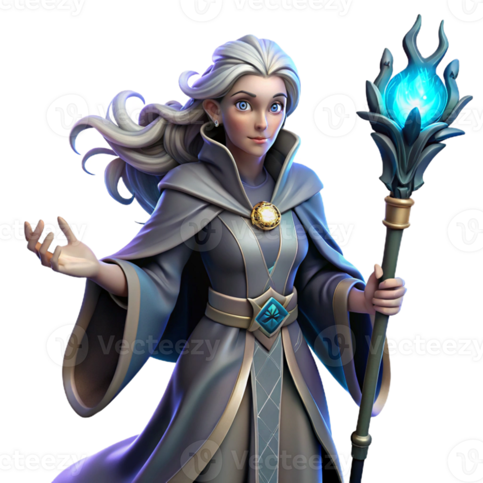 impressive artistic Portrait of a powerful sorceress with flowing robes, a staff emitting magical energy, and a determined expression, dynamic lighting, digital painting style premium png