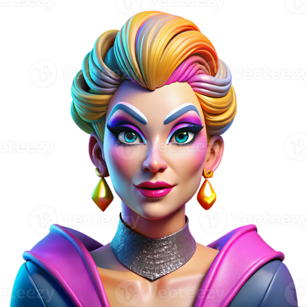 stunning abstract Portrait of a glamorous drag queen with extravagant makeup, a flamboyant pose, and a confident expression, vibrant and colorful lighting, pop art style authentic png