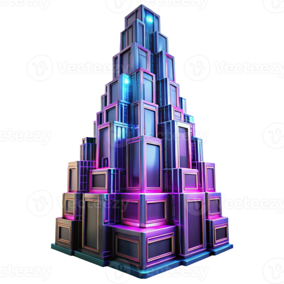 impressive contemporary A towering Art Deco skyscraper made entirely of interconnected circuit boards, pulsating with neon pink and electric blue light, viewed from a low angle.... png