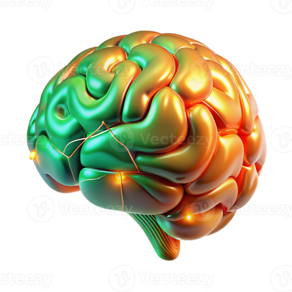 dramatic traditional A holographic projection of a human brain, rotating slowly and displaying complex neural networks in vibrant orange and green, lit by a cool, clinical light.... png