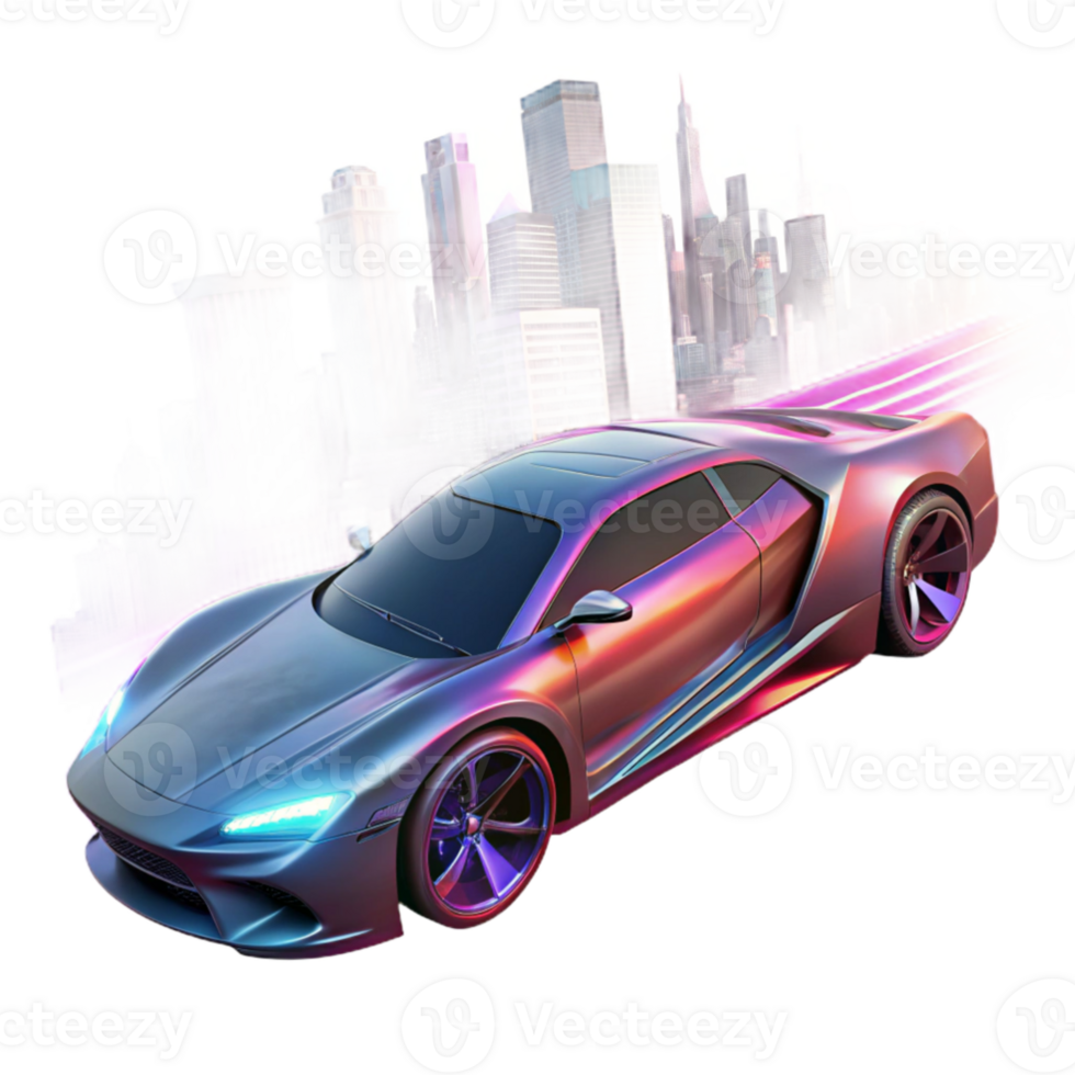 stunning modern A futuristic, levitating sports car with sleek, aerodynamic lines and glowing crimson energy trails, speeding through a virtual cityscape. Synthwave style genuine png