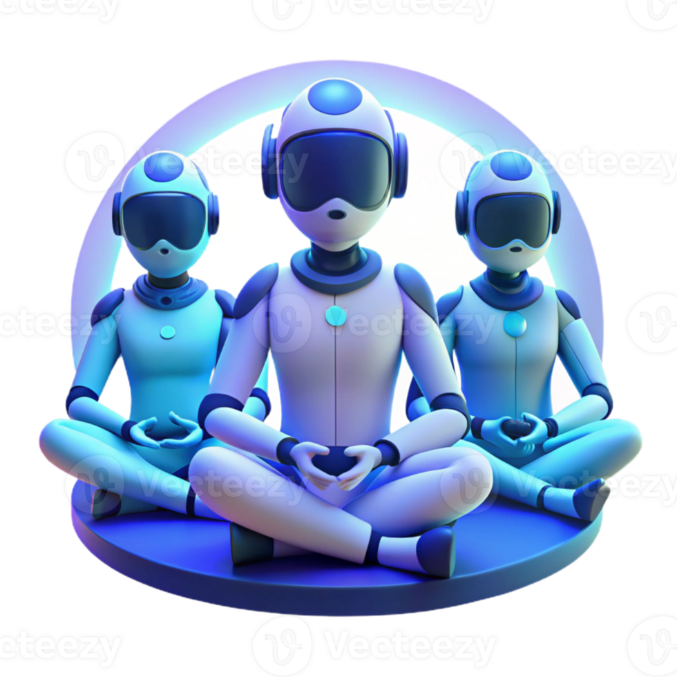 dramatic artistic A group of humanoid robots meditating in a lotus position within a virtual reality environment, bathed in soft, ambient blue light. Digital art style premium png