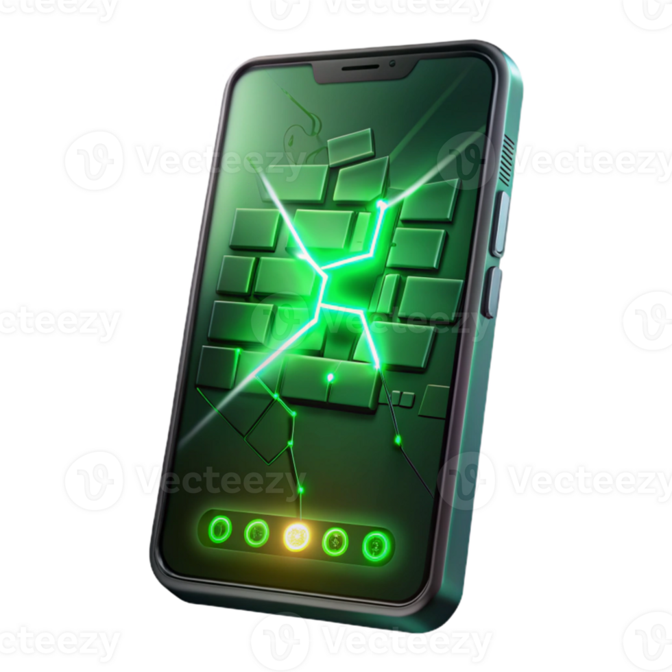 elegant contemporary A cracked smartphone screen displaying a cryptic message in glowing green binary code, illuminated by the eerie glow of the screen itself. Dark, gritty style genuine png