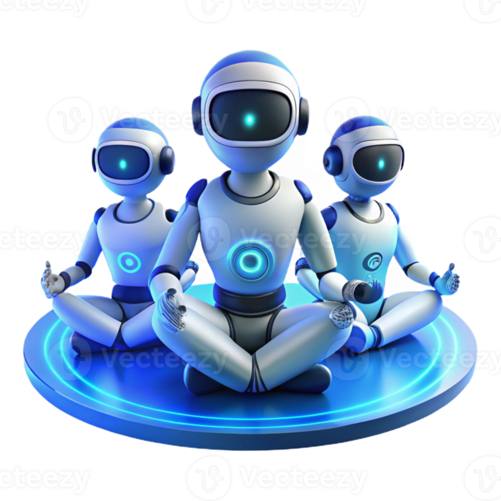 vibrant creative A group of humanoid robots meditating in a lotus position within a virtual reality environment, bathed in soft, ambient blue light. Digital art style original png