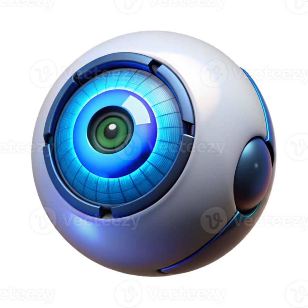 vibrant minimalist A single human eye, augmented with intricate cybernetic implants and glowing with a bright, electric blue light. Biopunk style high resolution png