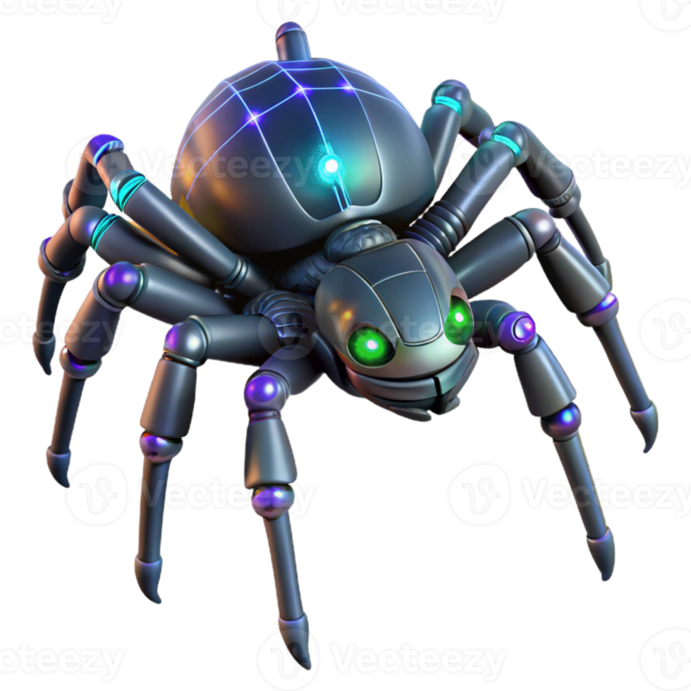 beautiful contemporary A giant, robotic spider weaving a web of glowing optical fibers across a dark, industrial landscape. Cyberpunk style genuine png