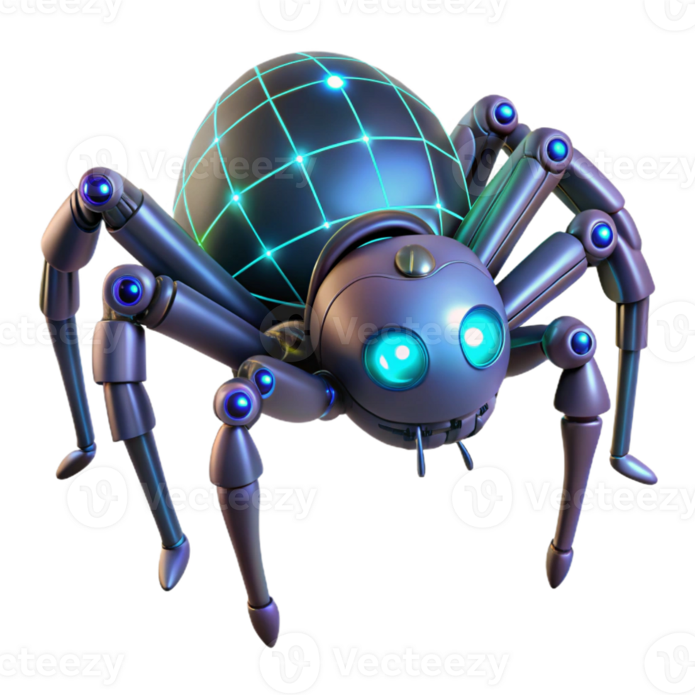 beautiful artistic A giant, robotic spider weaving a web of glowing optical fibers across a dark, industrial landscape. Cyberpunk style 4K png