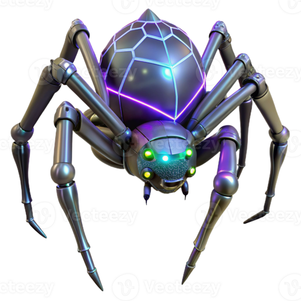 wonderful rustic A giant, robotic spider weaving a web of glowing optical fibers across a dark, industrial landscape. Cyberpunk style professional png