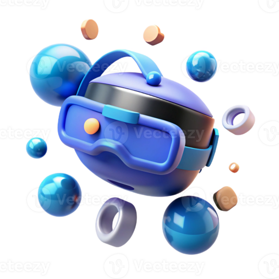 wonderful traditional A virtual reality headset, floating in zero gravity and emitting a soft, pulsating blue light, surrounded by floating icons and data streams. Digital art style 4K png