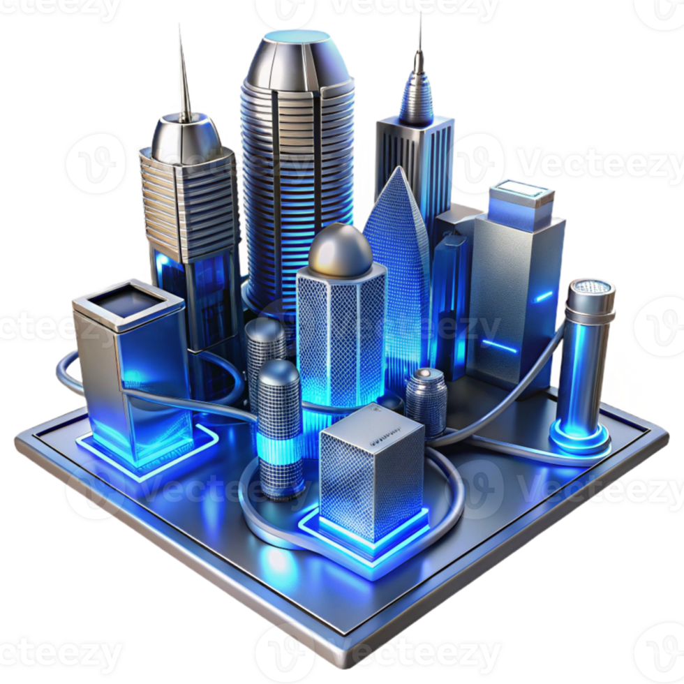 stunning minimalist A chrome and glass futuristic city, towering skyscrapers connected by glowing blue energy conduits, aerial view, smooth metallic textures, ambient blue lighting, cyberpunk... png