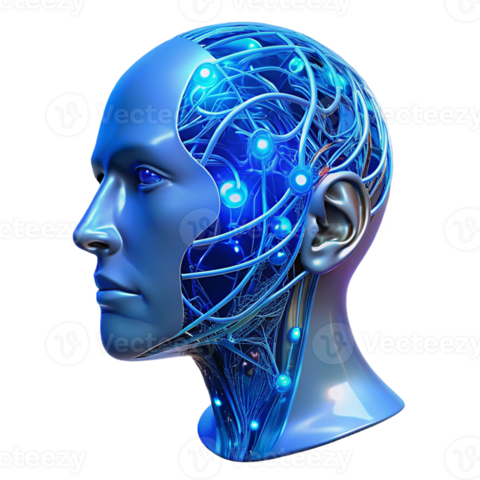 serene creative A transparent human head filled with complex interconnected wires and circuits, vibrant electric blue lighting, anatomical illustration style professional png
