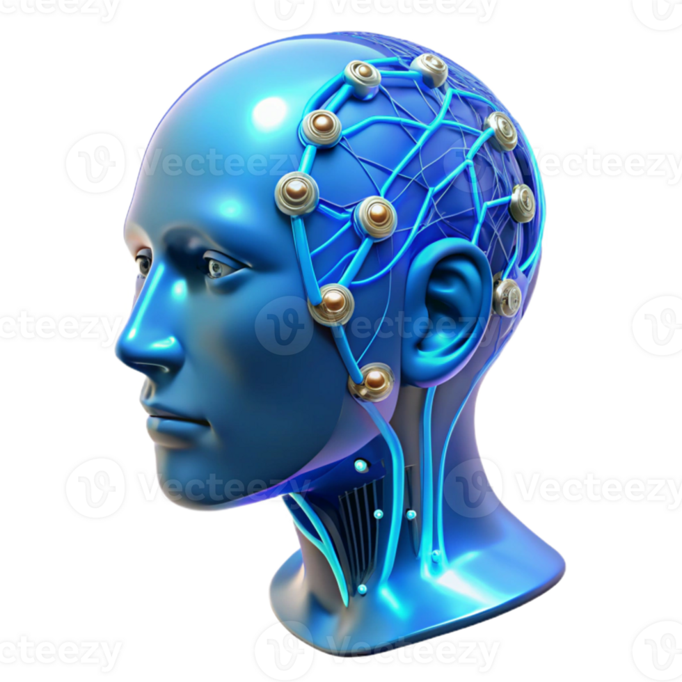extraordinary artistic A transparent human head filled with complex interconnected wires and circuits, vibrant electric blue lighting, anatomical illustration style genuine png