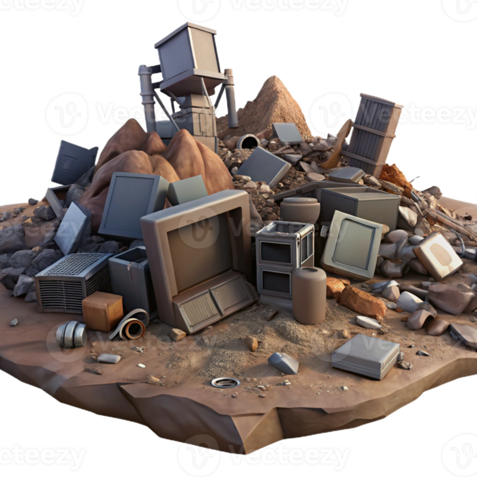 wonderful creative A desolate landscape filled with discarded technological debris, rusty metal and broken screens, post-apocalyptic setting, dim, overcast lighting premium png
