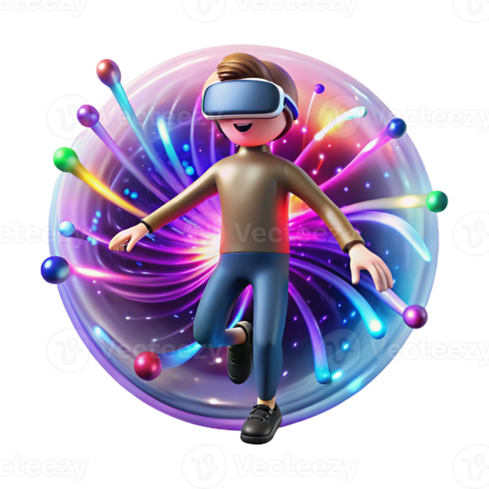 impressive modern A lone figure in a virtual reality headset surrounded by a swirling vortex of digital particles, bright multicolored lights, psychedelic art style original png