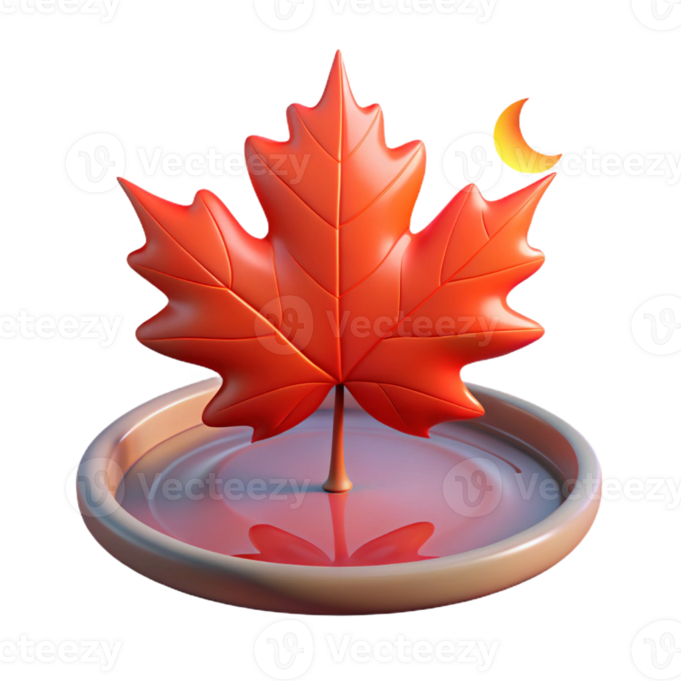 serene artistic A single, perfect red maple leaf falling onto a still pond reflecting a twilight sky, lit by the soft glow of a hidden moon, Art Nouveau style high quality png