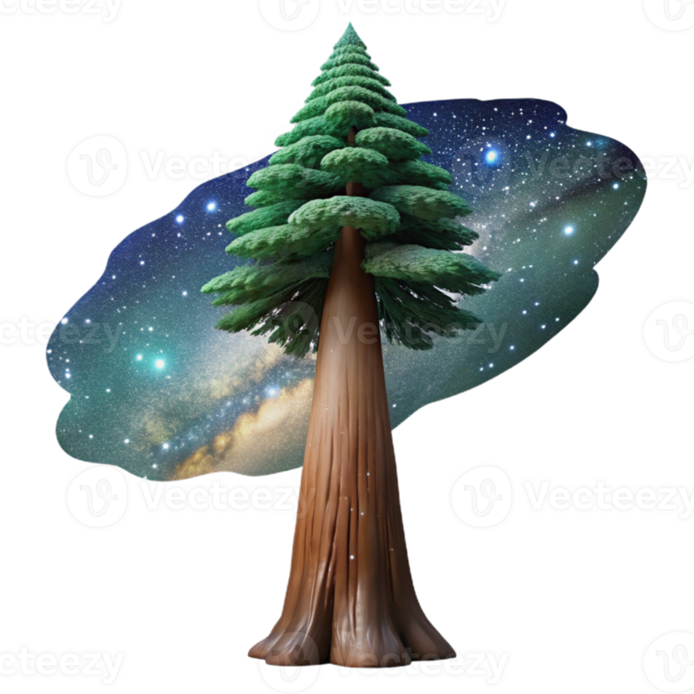 stunning classic A giant sequoia tree reaching towards a starry night sky, illuminated by the Milky Way, digital art style detailed png