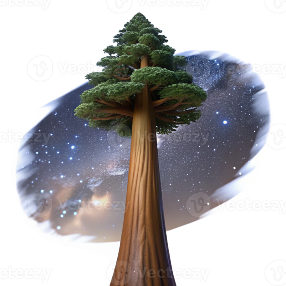 beautiful minimalist A giant sequoia tree reaching towards a starry night sky, illuminated by the Milky Way, digital art style detailed png