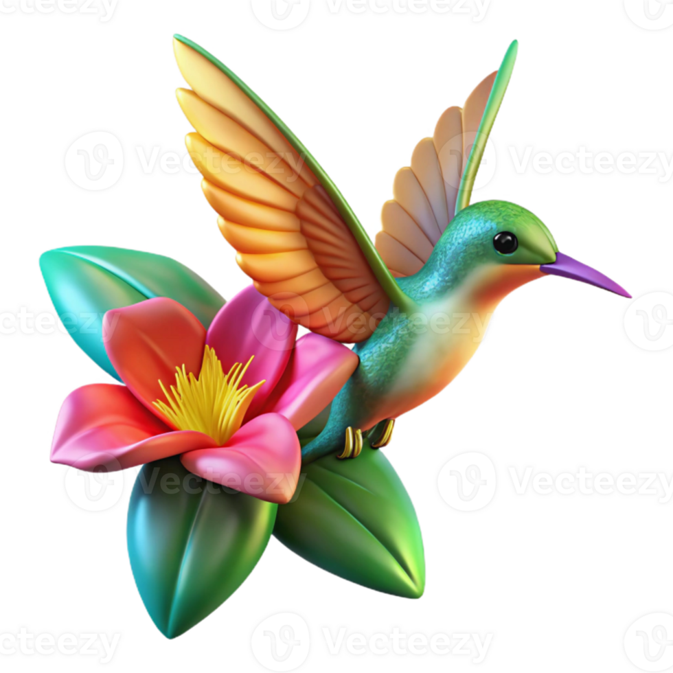dramatic traditional A hummingbird hovering near a vibrant tropical flower, lit by warm, diffused sunlight, nature photography style authentic png
