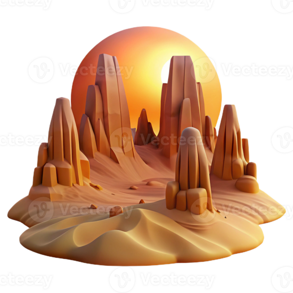 impressive vintage A desert landscape with towering sandstone formations, bathed in the golden light of sunset, minimalist art style exclusive png