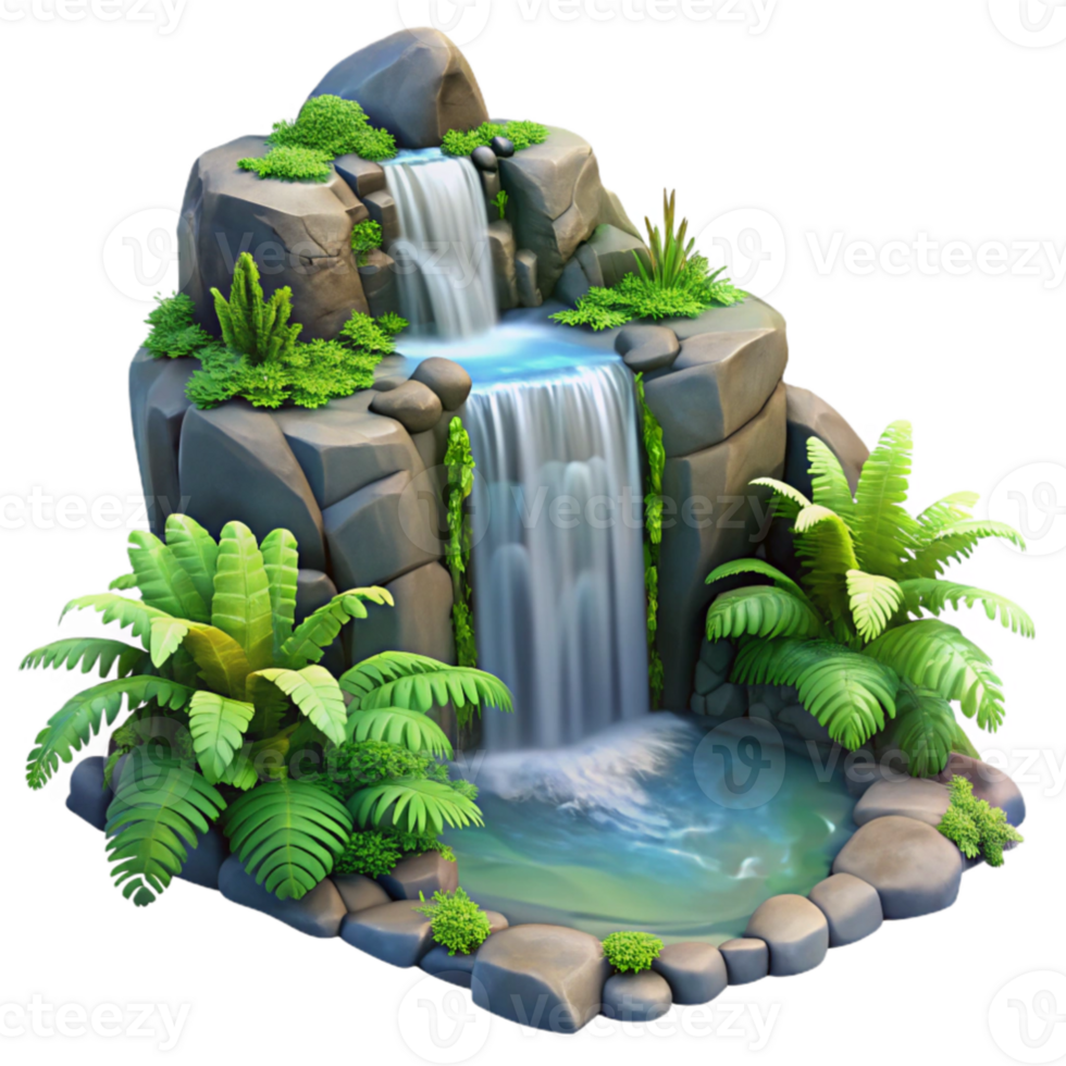 stunning minimalist A cascading waterfall flowing over moss covered rocks, surrounded by lush ferns, fantasy art style professional png