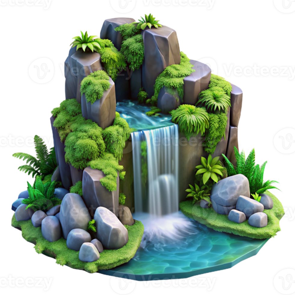 beautiful classic A cascading waterfall flowing over moss covered rocks, surrounded by lush ferns, fantasy art style genuine png