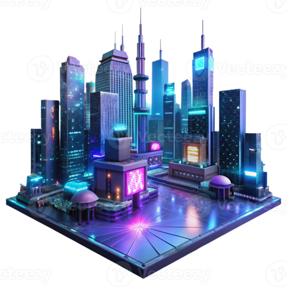 elegant classic A futuristic cityscape at night, towering holographic advertisements shimmering in the rain slicked streets, cyberpunk style, illuminated by neon signs and headlights genuine png