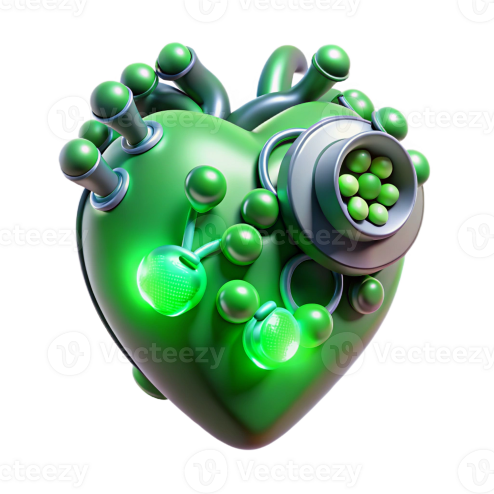 magnificent abstract A swarm of nanobots repairing a damaged human heart, glowing a vibrant green, medical illustration style, brightly lit high quality png
