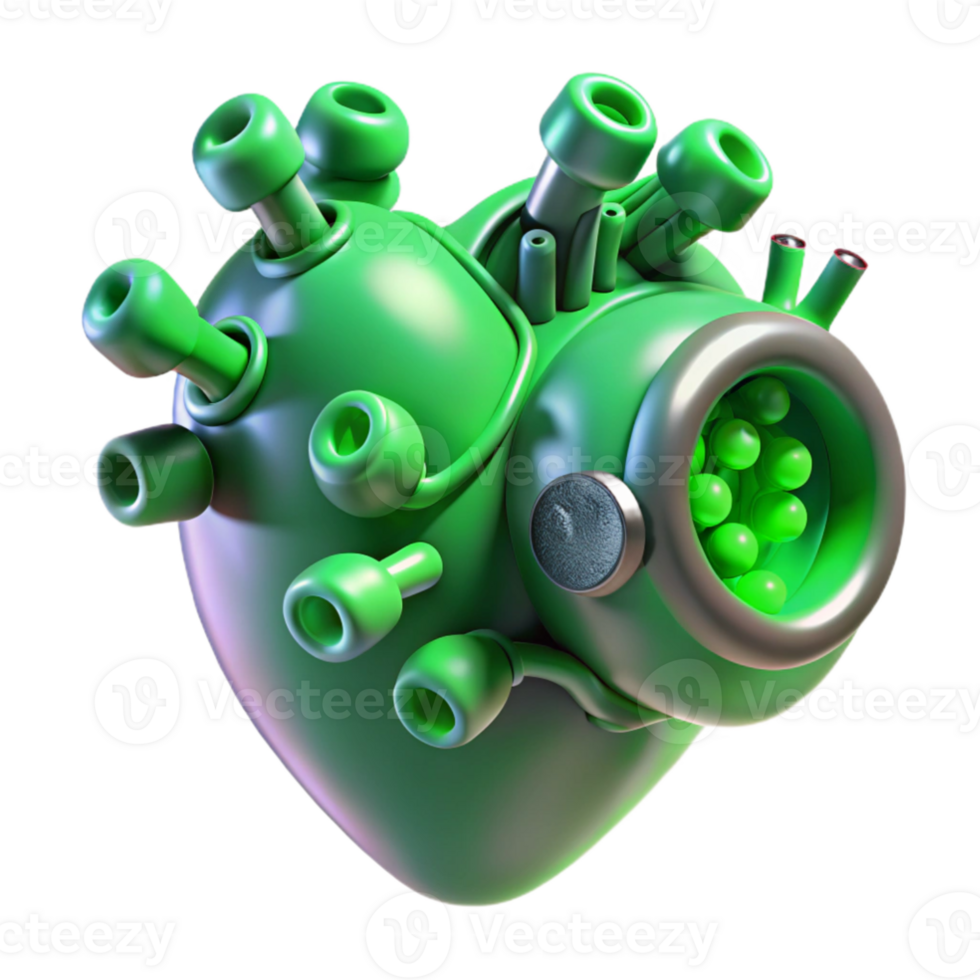 serene minimalist A swarm of nanobots repairing a damaged human heart, glowing a vibrant green, medical illustration style, brightly lit original png