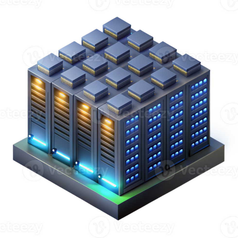 stunning traditional A massive server farm, endless rows of blinking lights stretching into the darkness, lit by the server LEDs, isometric style authentic png