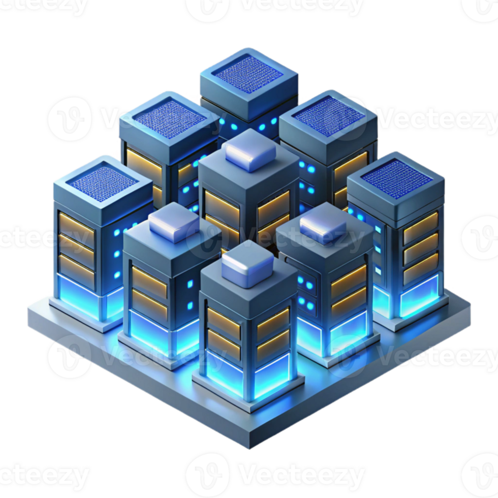 serene traditional A massive server farm, endless rows of blinking lights stretching into the darkness, lit by the server LEDs, isometric style high resolution png