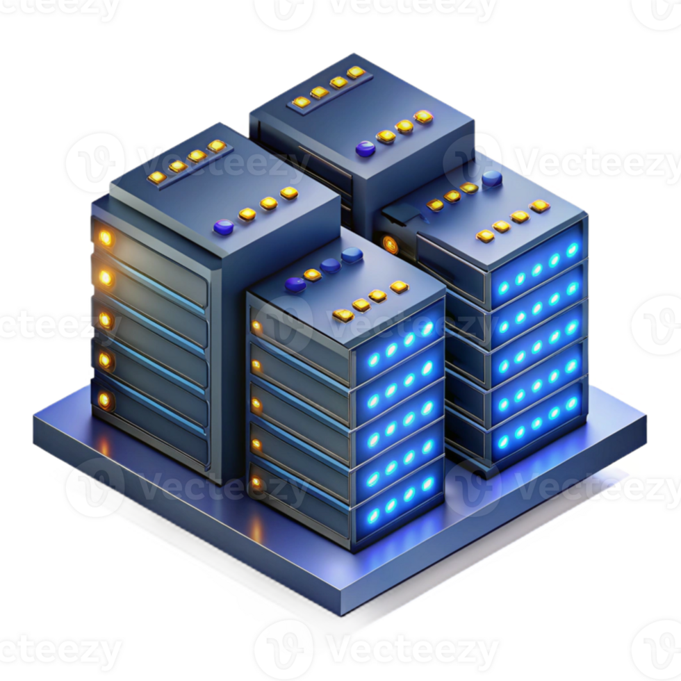 magnificent minimalist A massive server farm, endless rows of blinking lights stretching into the darkness, lit by the server LEDs, isometric style high resolution png