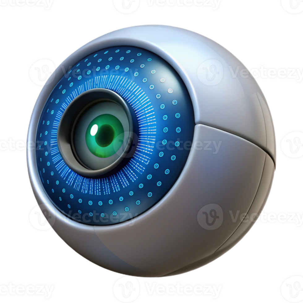 wonderful rustic A close up of a robotic eye, its iris a complex camera lens, reflecting a binary code, lit by a single light source exclusive png