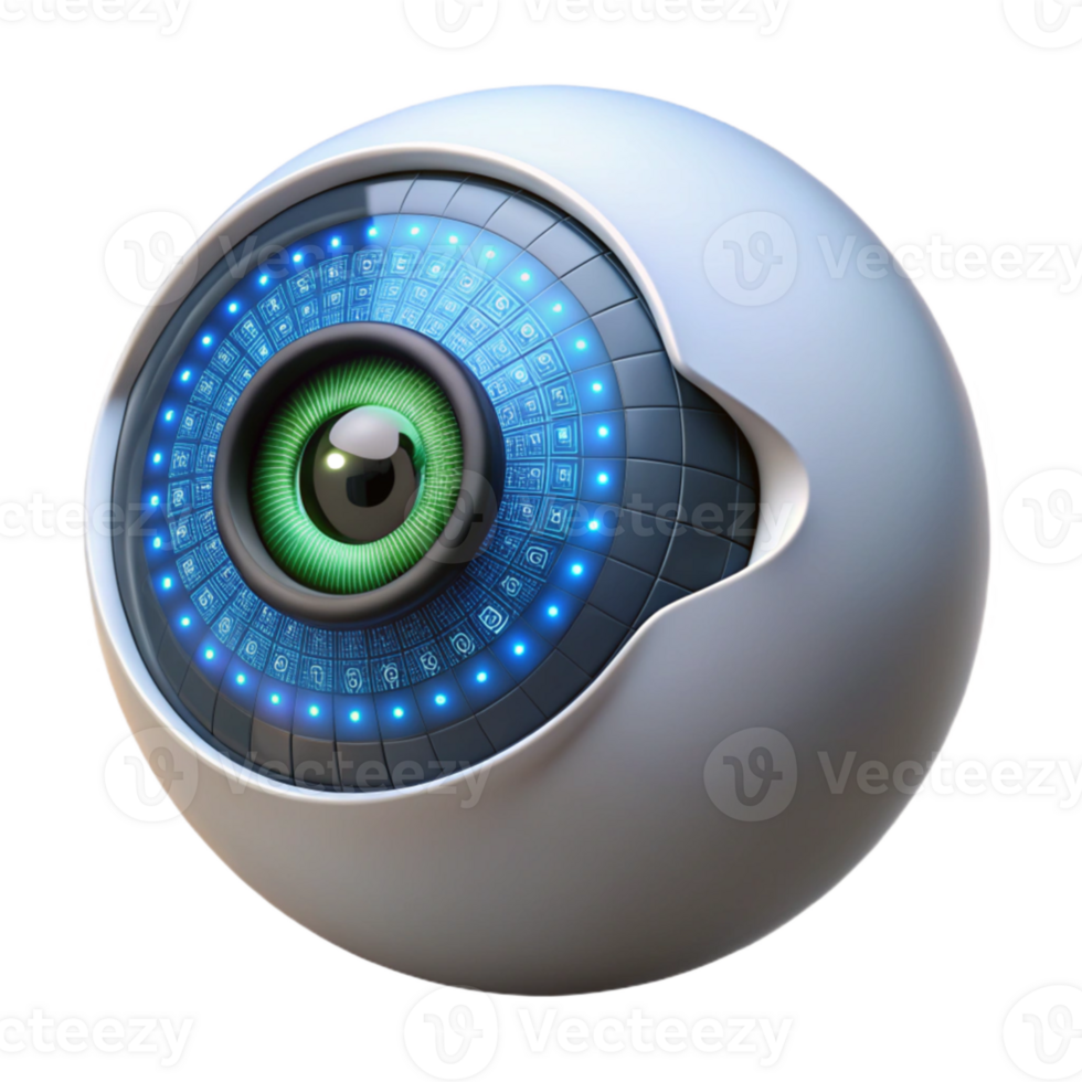 dramatic rustic A close up of a robotic eye, its iris a complex camera lens, reflecting a binary code, lit by a single light source high quality png