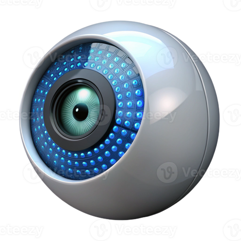 impressive vintage A close up of a robotic eye, its iris a complex camera lens, reflecting a binary code, lit by a single light source exclusive png
