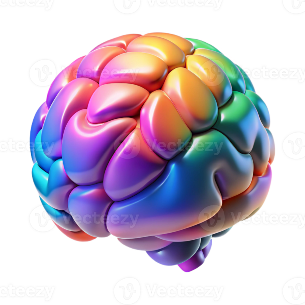 vibrant creative A holographic projection of a human brain, rotating slowly, different areas highlighting in various colors, lit from within, scientific style authentic png