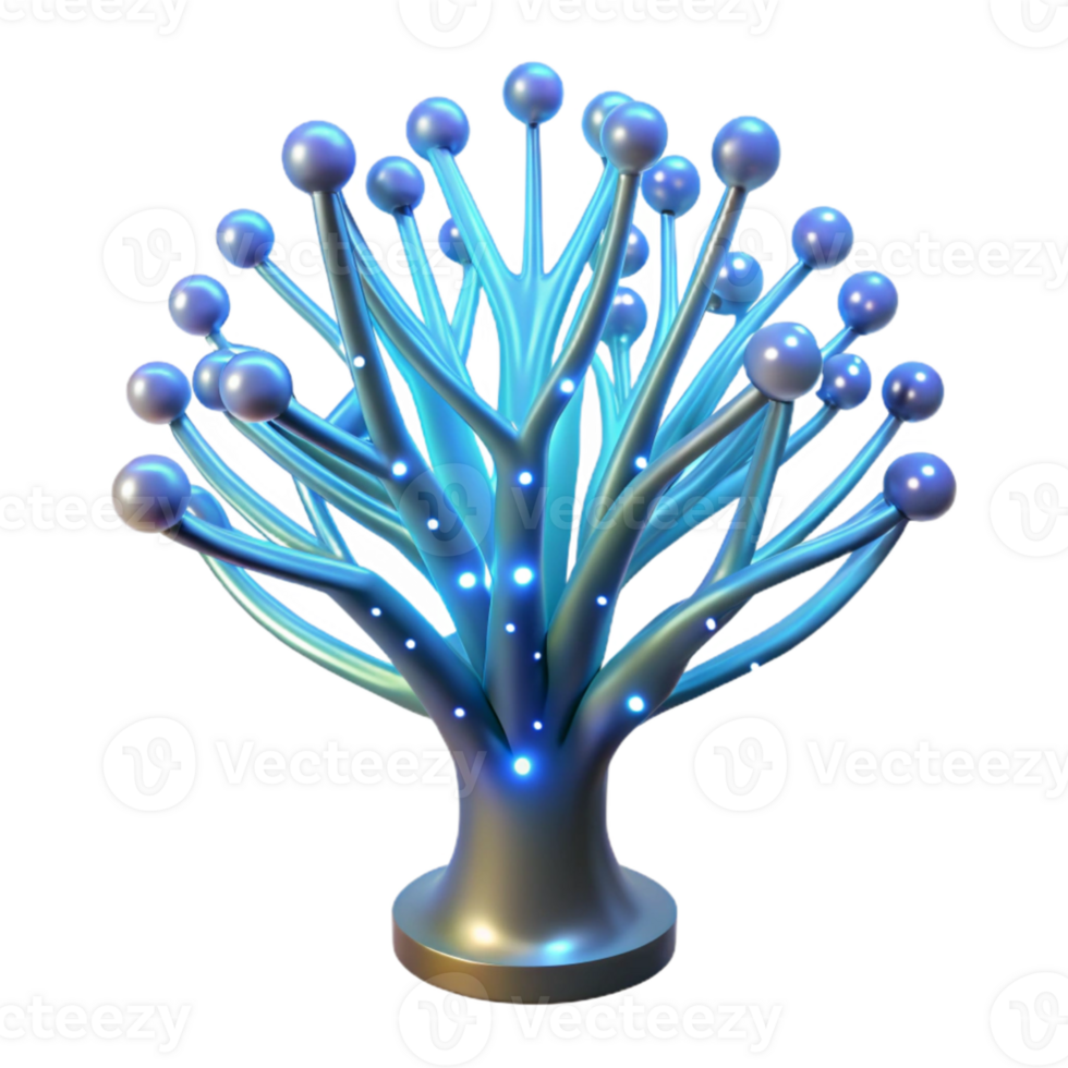 serene artistic A bioluminescent tree, its branches made of fiber optic cables, pulsing with data, lit by its own internal glow, fantasy style high resolution png