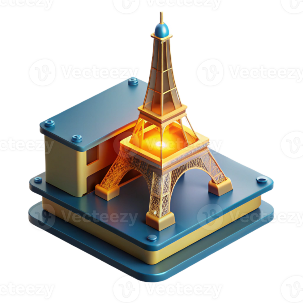 magnificent vintage A 3D printer constructing a miniature replica of the Eiffel Tower, layer by layer, lit by the printer's internal light, minimalist style authentic png