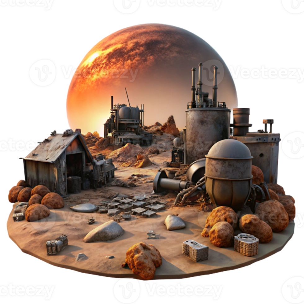 stunning vintage A desolate landscape littered with obsolete technology, rusted and decaying, lit by a setting sun, apocalyptic style detailed png