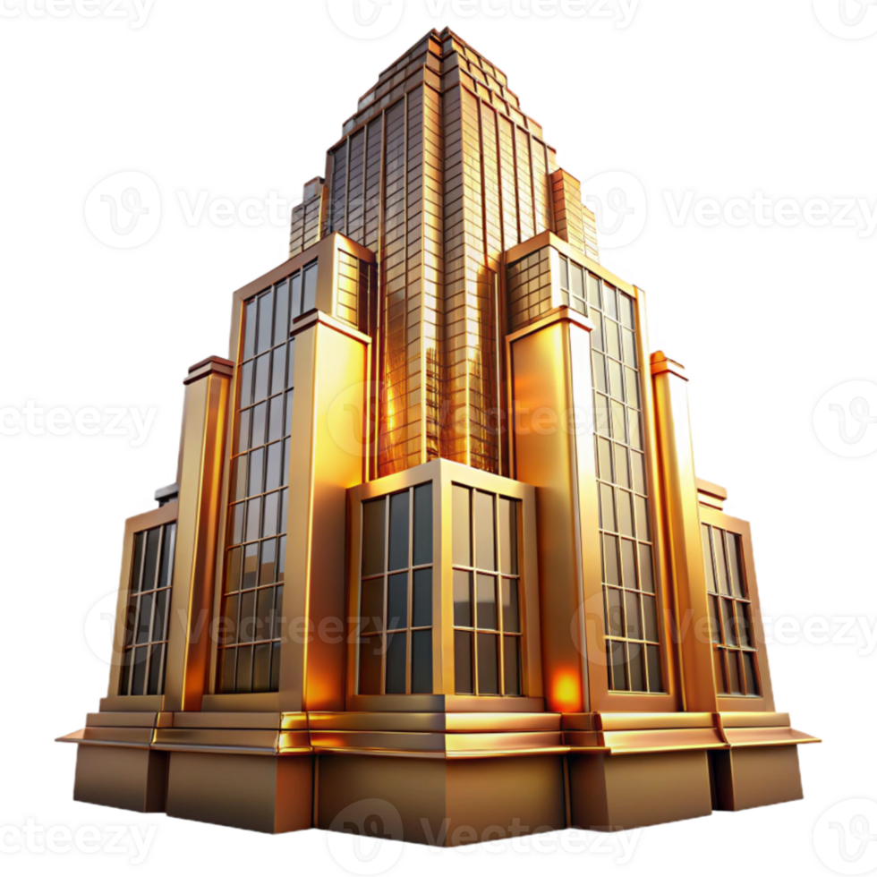 magnificent creative Art Deco skyscraper, intricate geometric facade, chrome accents, bathed in golden sunset light, highly polished, ray tracing, high resolution png