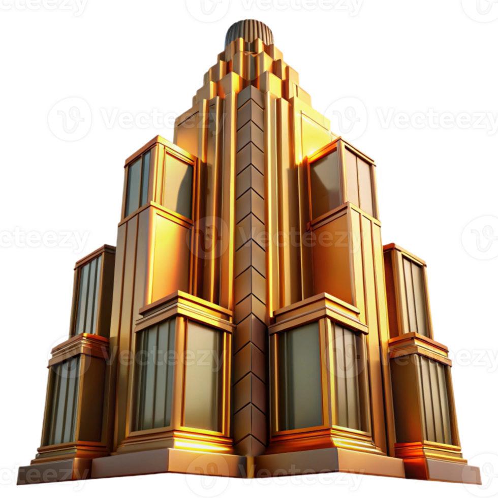 vibrant creative Art Deco skyscraper, intricate geometric facade, chrome accents, bathed in golden sunset light, highly polished, ray tracing, 4K png