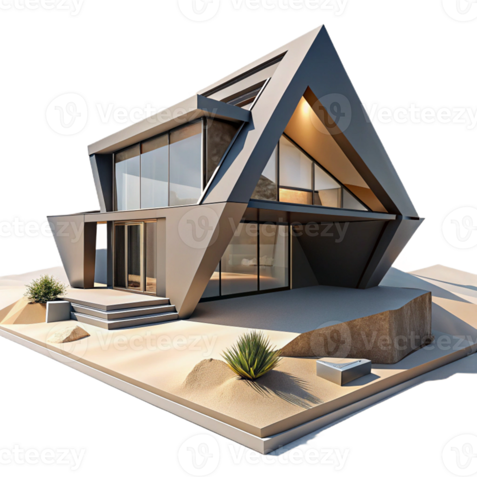 beautiful creative Ultramodern desert home, sharp angles, concrete and glass, harsh midday sun, minimalist, photorealistic render, professional png