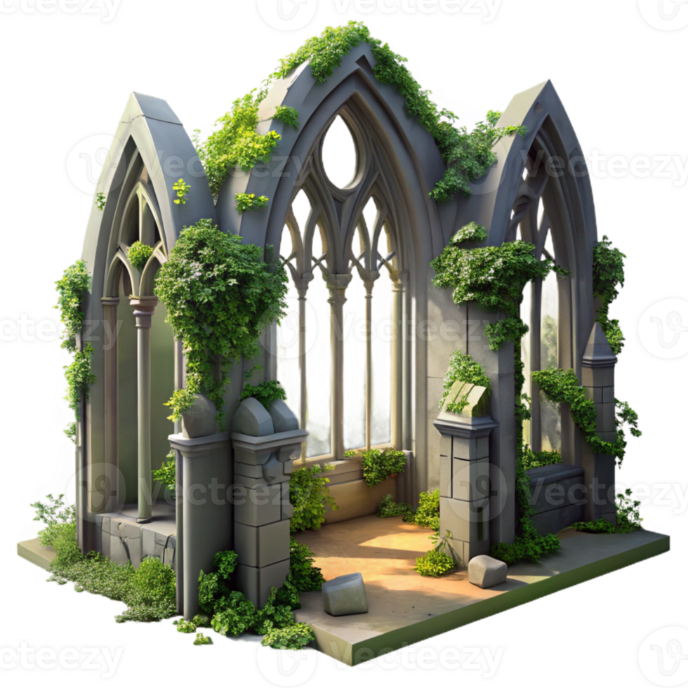 elegant contemporary A crumbling gothic cathedral overgrown with vines, dappled sunlight filtering through broken stained glass, ethereal, painterly style, 4K png