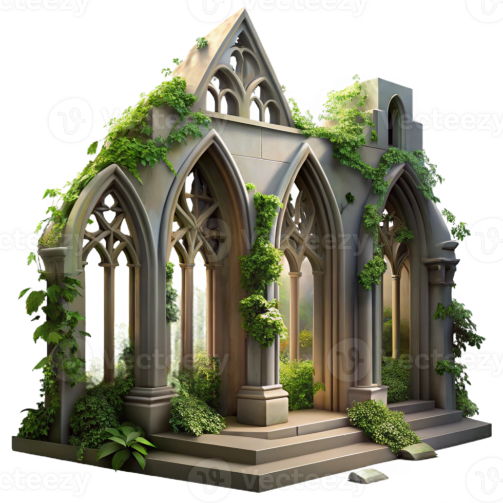 magnificent creative A crumbling gothic cathedral overgrown with vines, dappled sunlight filtering through broken stained glass, ethereal, painterly style, genuine png