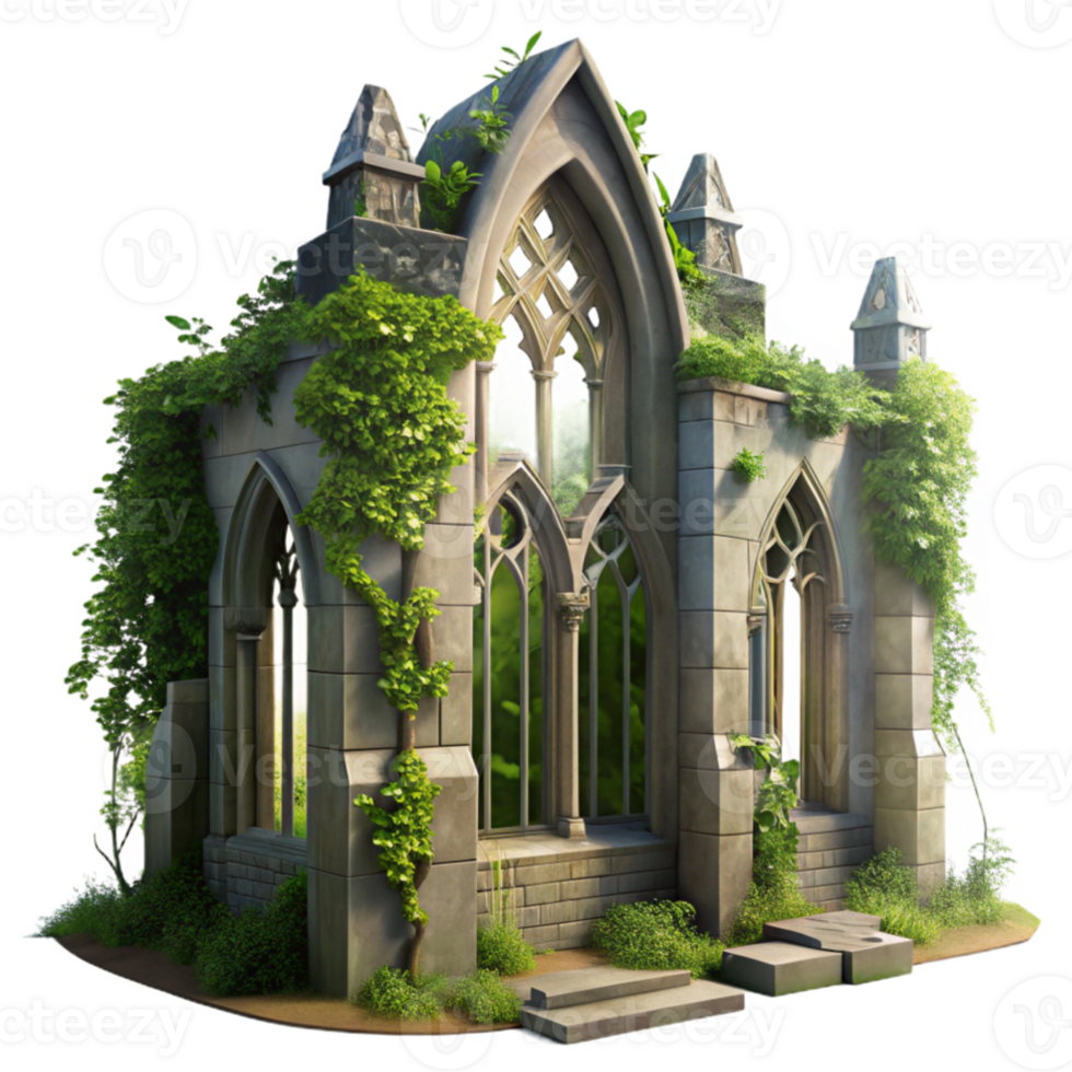 dramatic contemporary A crumbling gothic cathedral overgrown with vines, dappled sunlight filtering through broken stained glass, ethereal, painterly style, authentic png