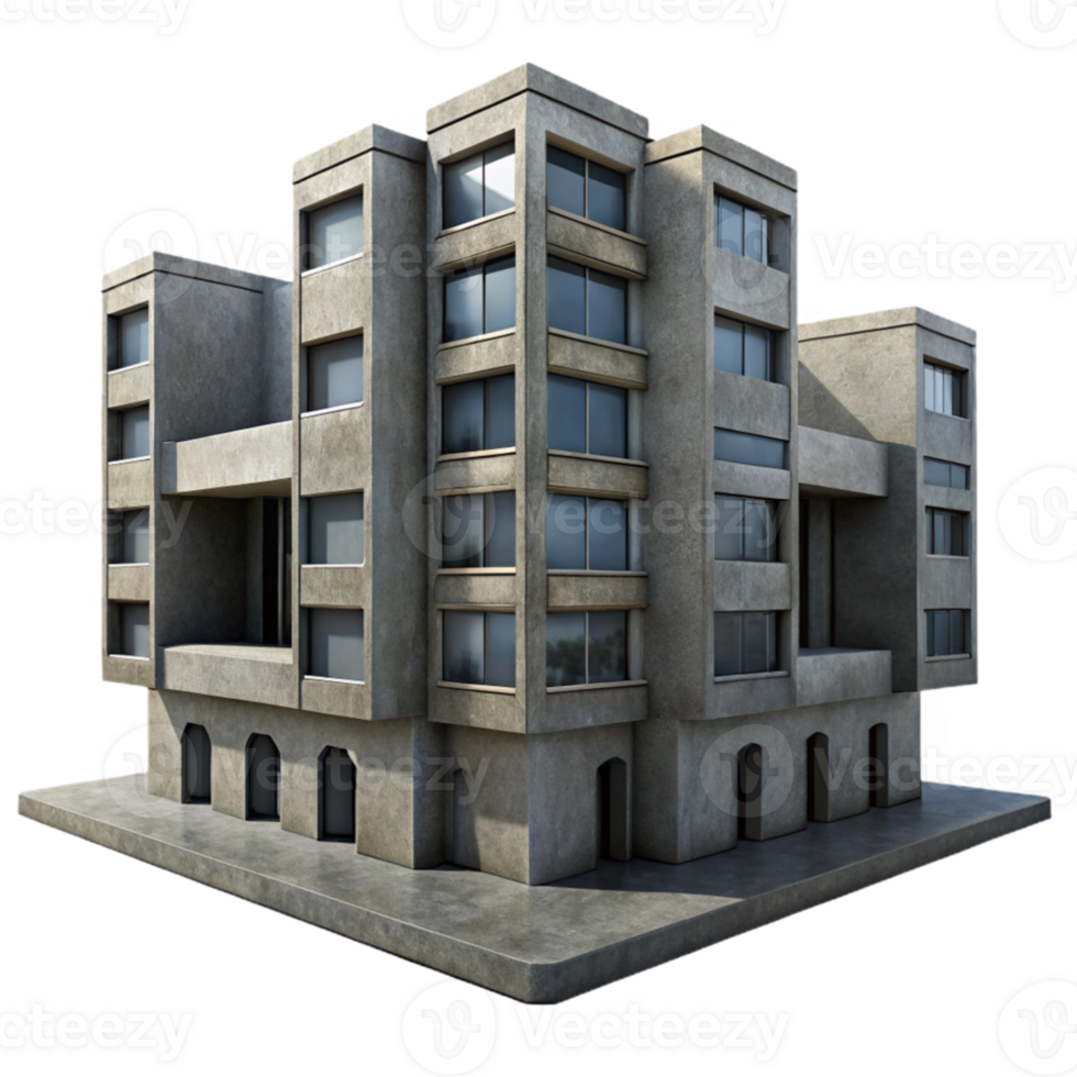 beautiful contemporary A single, massive Brutalist concrete apartment complex, stark shadows, overcast sky, dystopian, graphic novel style, high quality png