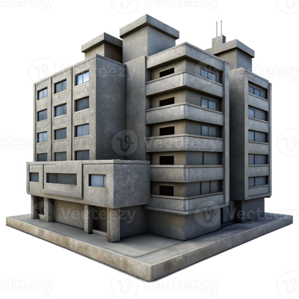 stunning classic A single, massive Brutalist concrete apartment complex, stark shadows, overcast sky, dystopian, graphic novel style, high quality png