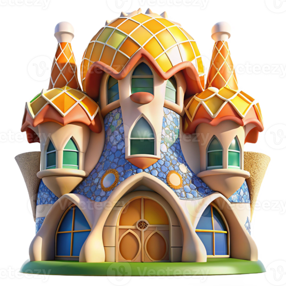 serene rustic A Gaudi inspired organic building, vibrant mosaic tiles, bright sunlight, whimsical, art nouveau style, high quality png